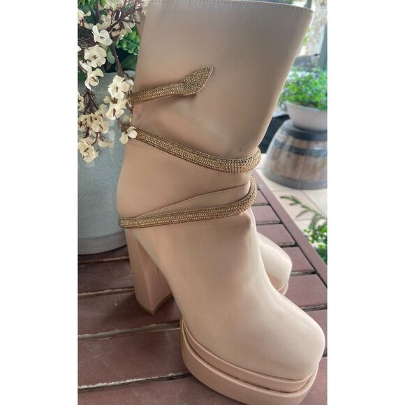Vivianly Women Platform Boots Chunky High Heel Ankle Bootis Square Toe Nude SZ 9 - Picture 1 of 6